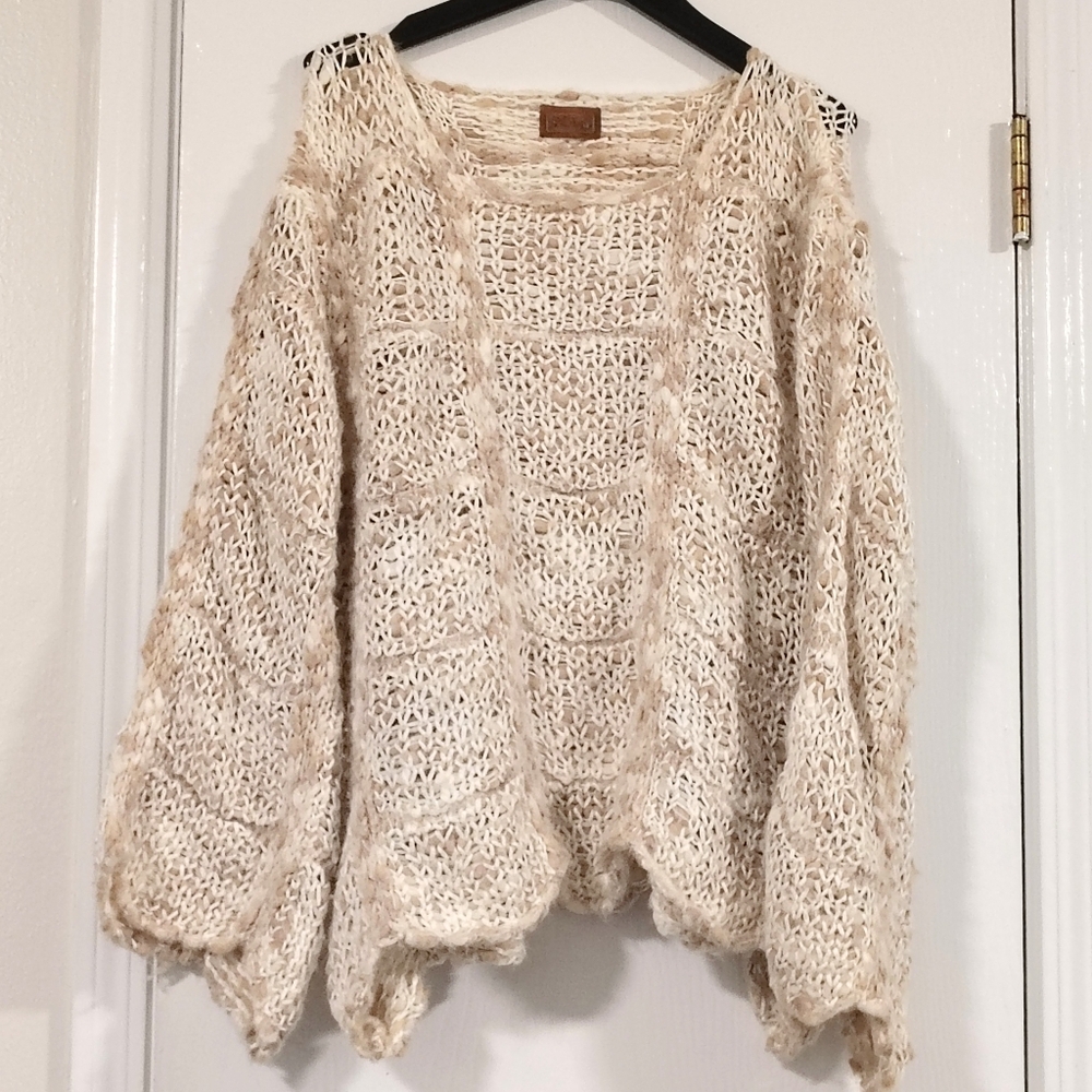 POL Crochet Open Weave Sweater White/Tan Women's Medium Cabincore Cozy Bohemian - Picture 6 of 7